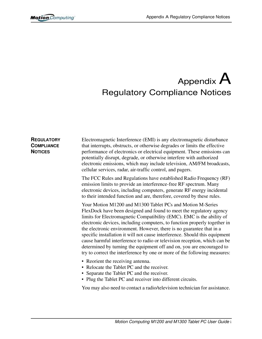 Motion Computing M1200, M1300 manual Appendix a Regulatory Compliance Notices 