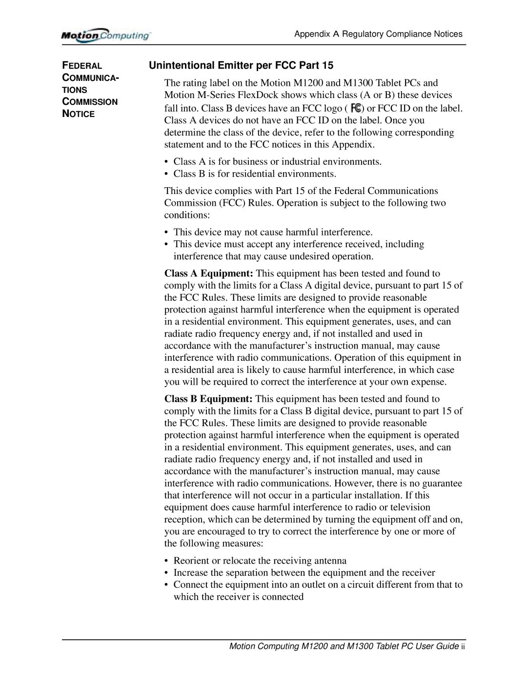 Motion Computing M1300, M1200 manual Unintentional Emitter per FCC Part 