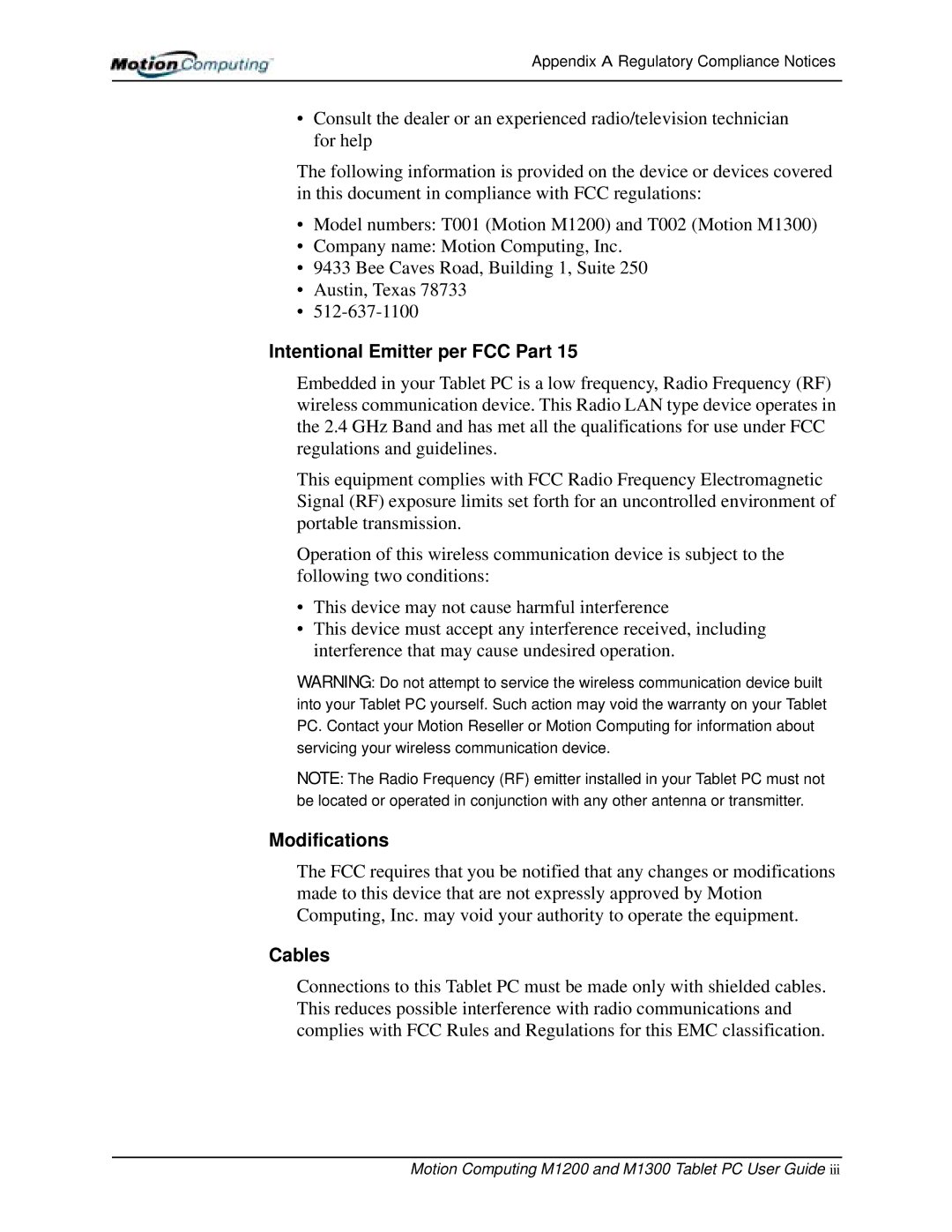 Motion Computing M1200, M1300 manual Intentional Emitter per FCC Part, Modifications, Cables 