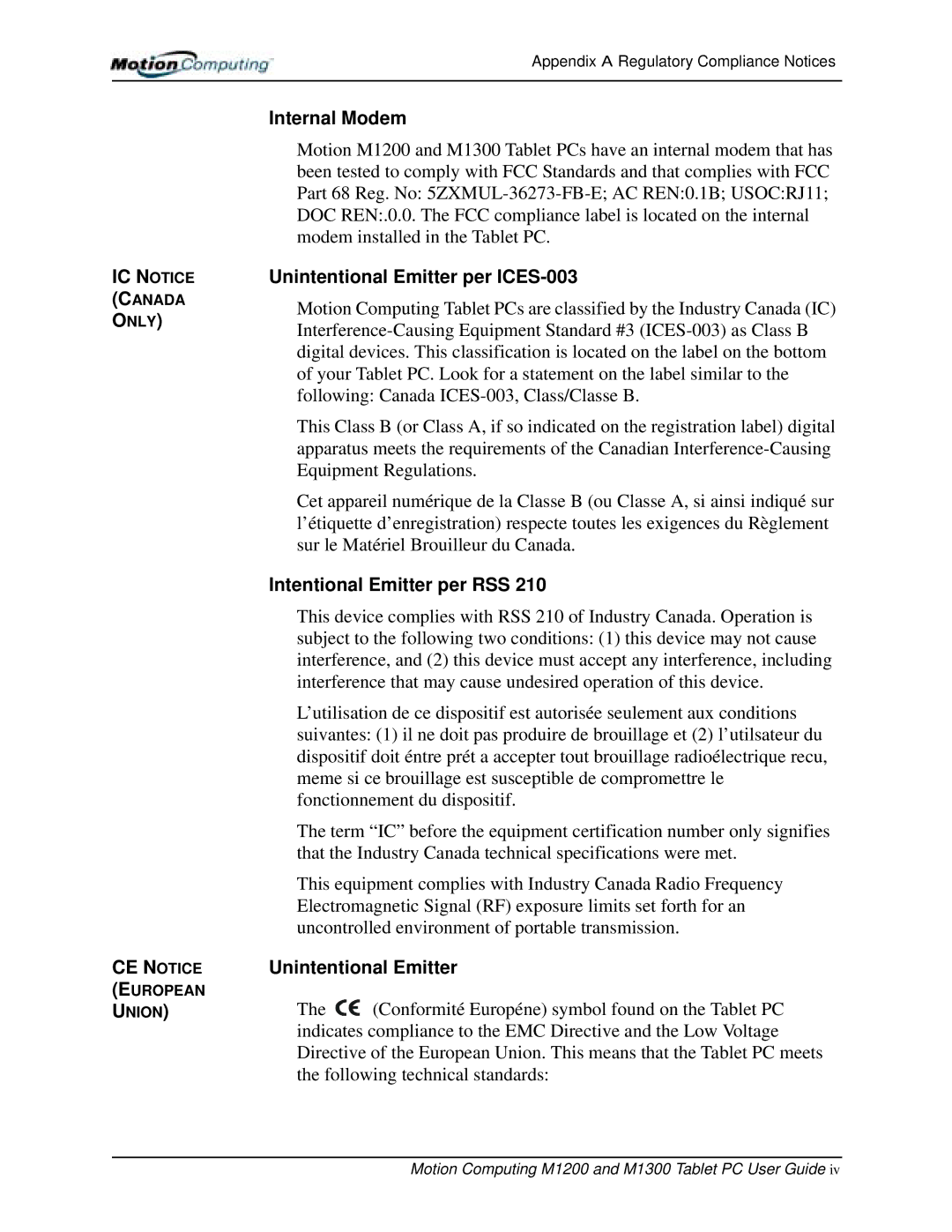 Motion Computing M1300, M1200 manual Internal Modem, Unintentional Emitter per ICES-003, Intentional Emitter per RSS 