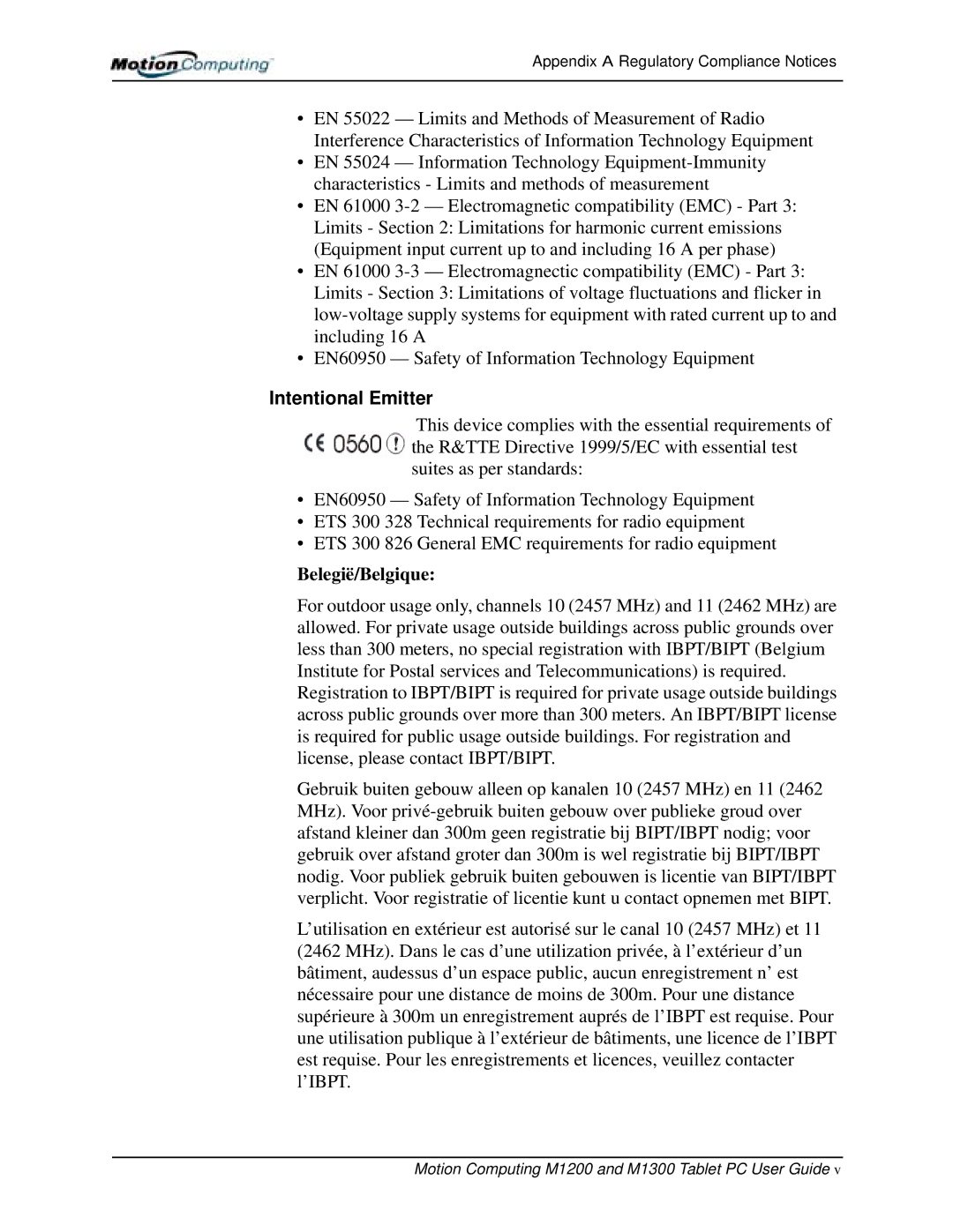 Motion Computing M1200, M1300 manual Intentional Emitter, Belegië/Belgique 