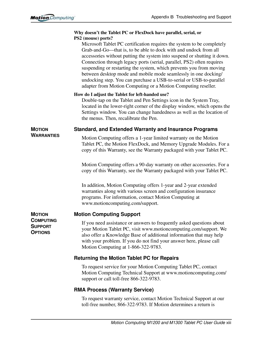 Motion Computing M1200, M1300 manual Standard, and Extended Warranty and Insurance Programs 