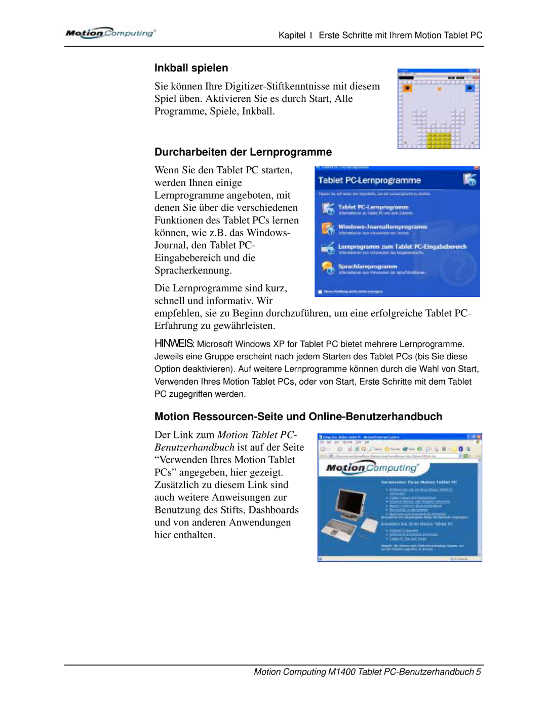 Motion Computing M1400 manual Inkball spielen, Durcharbeiten der Lernprogramme 