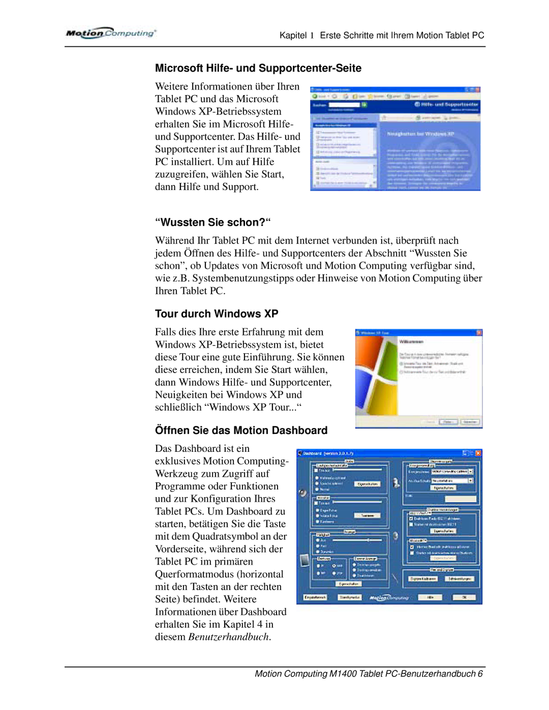 Motion Computing M1400 manual Microsoft Hilfe- und Supportcenter-Seite, Wussten Sie schon?, Tour durch Windows XP 