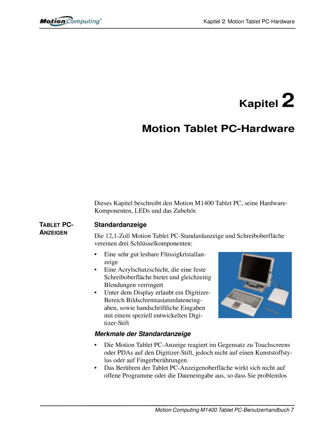 Motion Computing M1400 manual Kapitel Motion Tablet PC-Hardware, Standardanzeige 