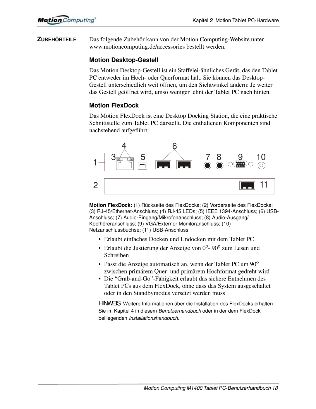 Motion Computing M1400 manual Motion Desktop-Gestell, Motion FlexDock 