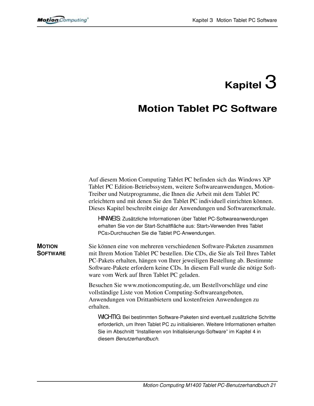 Motion Computing M1400 manual Kapitel Motion Tablet PC Software 