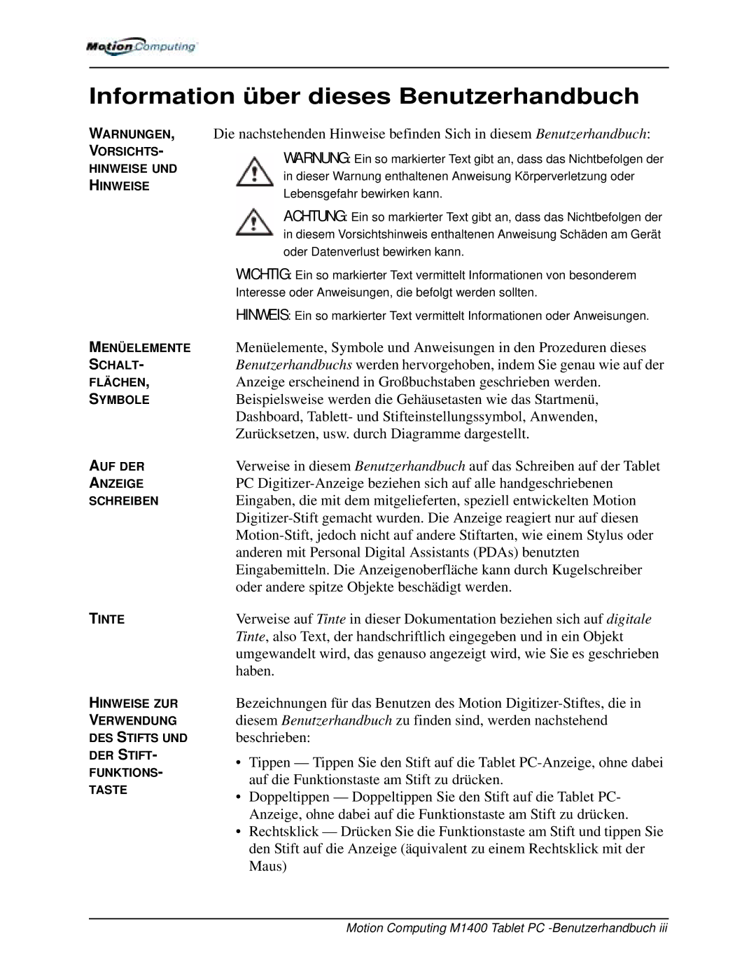 Motion Computing M1400 manual Information über dieses Benutzerhandbuch 