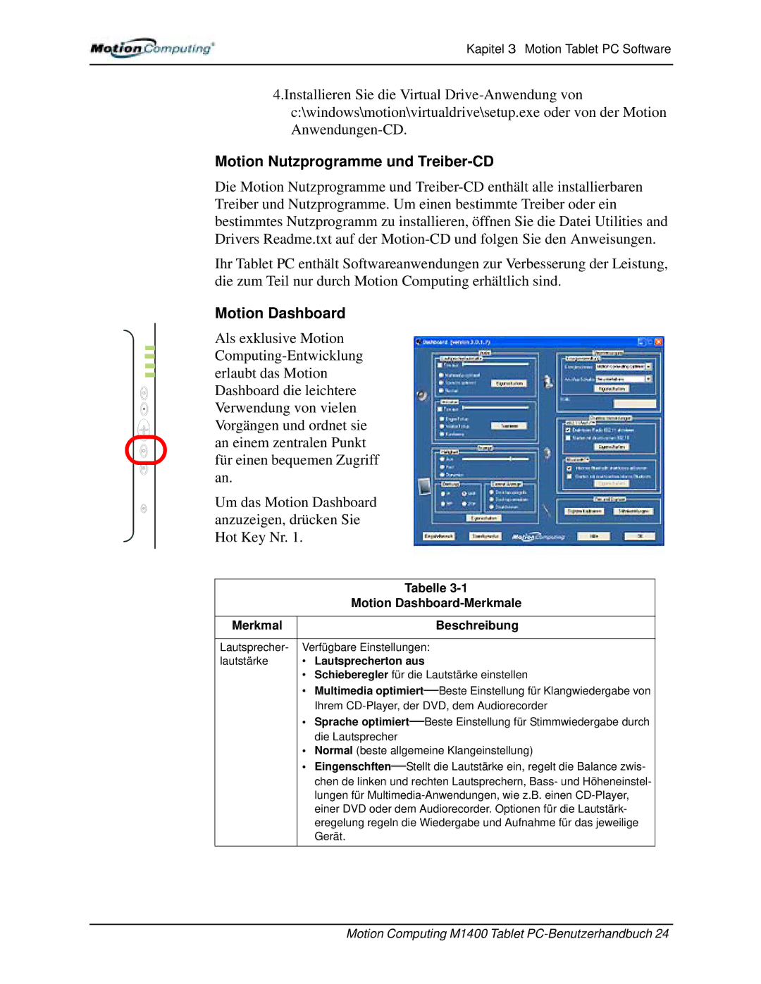 Motion Computing M1400 manual Motion Nutzprogramme und Treiber-CD, Motion Dashboard 