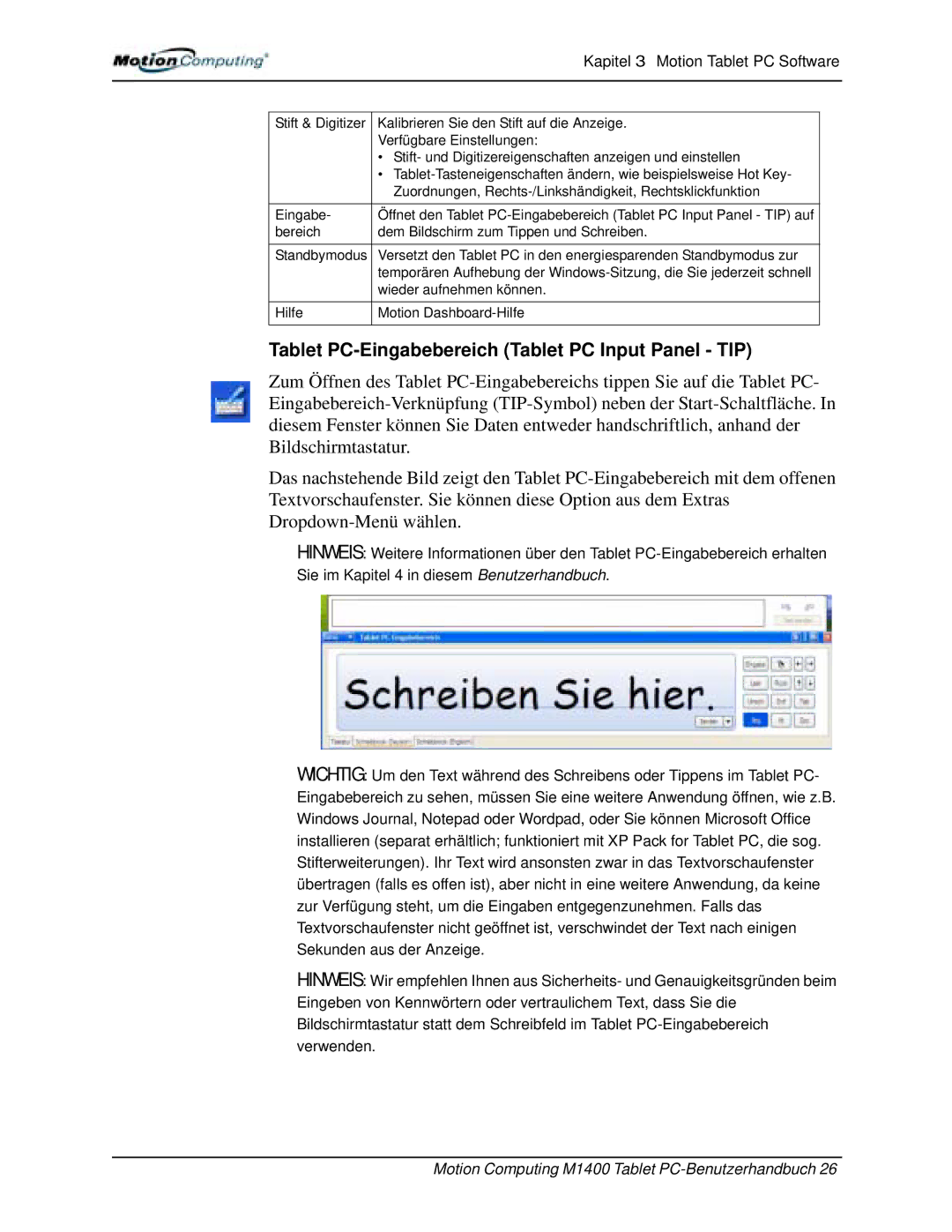 Motion Computing M1400 manual Tablet PC-Eingabebereich Tablet PC Input Panel TIP 