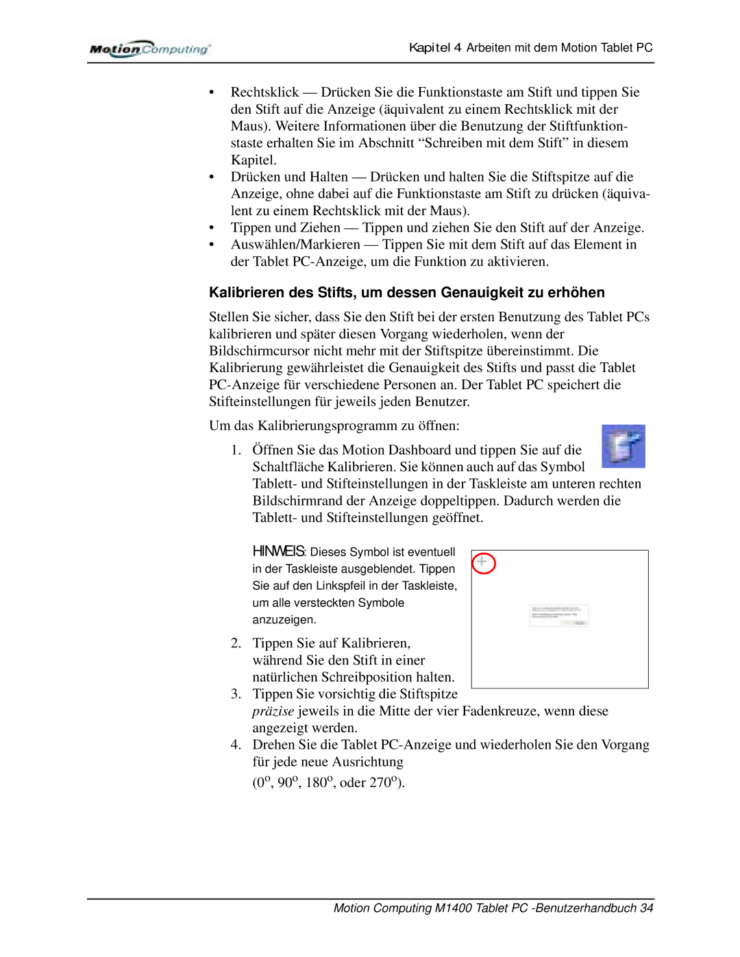 Motion Computing M1400 manual Kalibrieren des Stifts, um dessen Genauigkeit zu erhöhen 