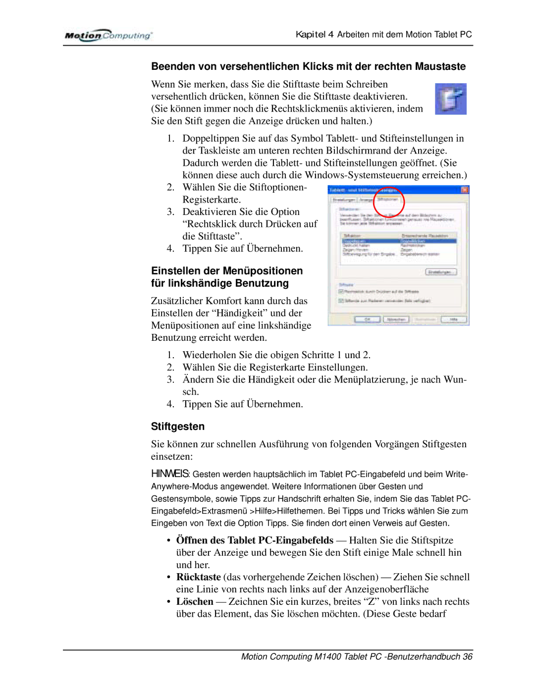 Motion Computing M1400 manual Einstellen der Menüpositionen für linkshändige Benutzung, Stiftgesten 