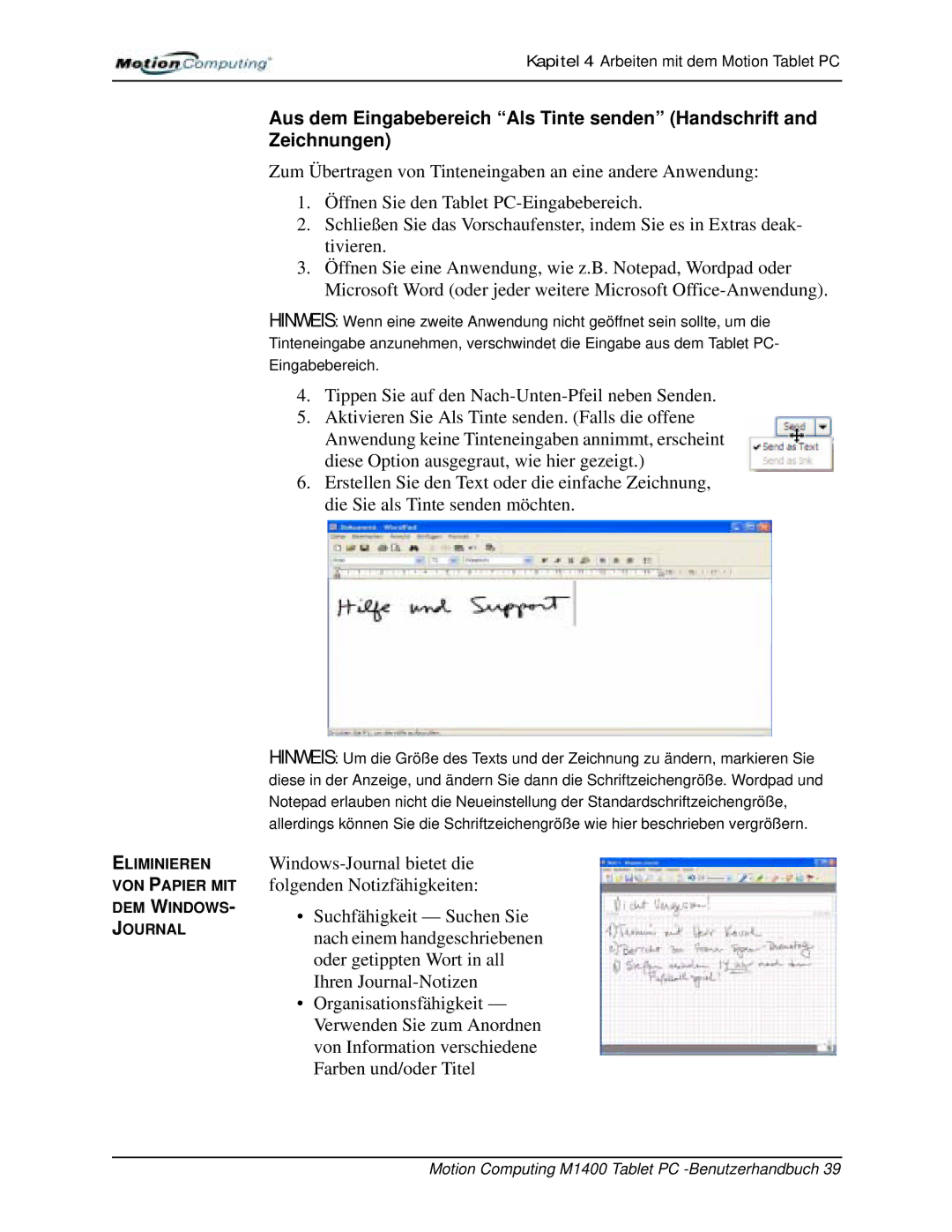 Motion Computing M1400 manual Eliminieren VON Papier MIT DEM Windows Journal 