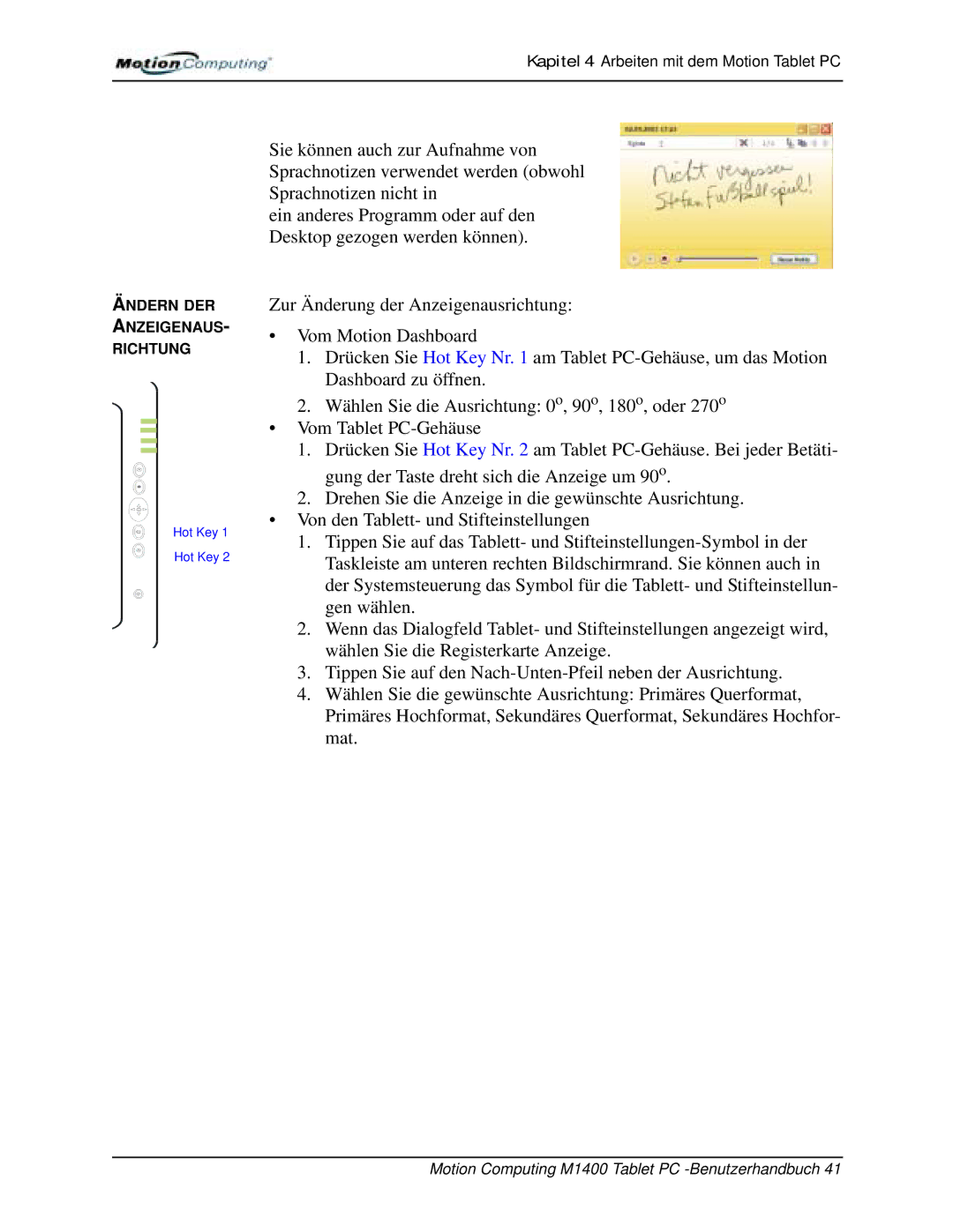 Motion Computing M1400 manual Ändern DER Anzeigenaus Richtung 