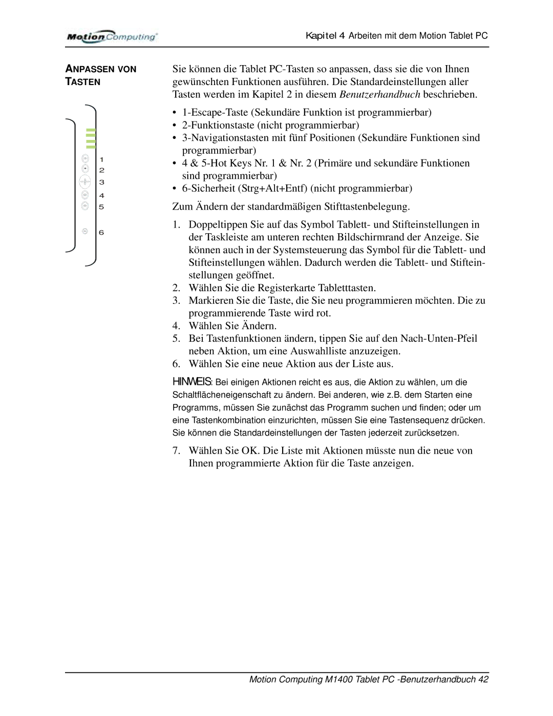 Motion Computing M1400 manual Anpassen VON Tasten 