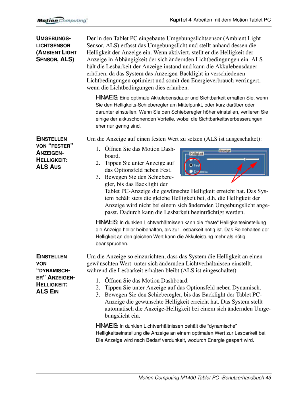 Motion Computing M1400 manual Sensor, Als 