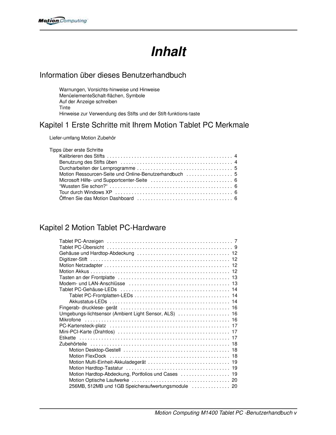 Motion Computing M1400 manual Inhalt 