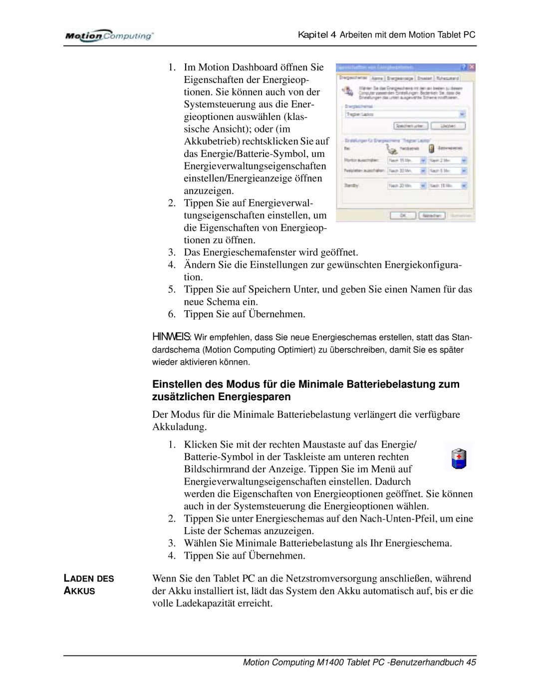 Motion Computing M1400 manual Einstellen des Modus für die Minimale Batteriebelastung zum, Zusätzlichen Energiesparen 