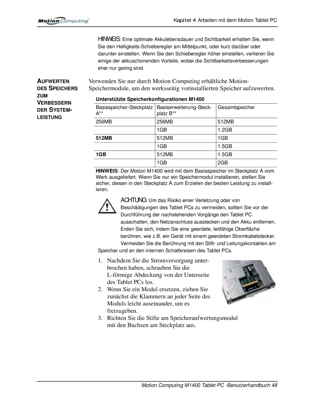 Motion Computing M1400 manual Speicher und an den internen Schaltkreisen des Tablet PCs 