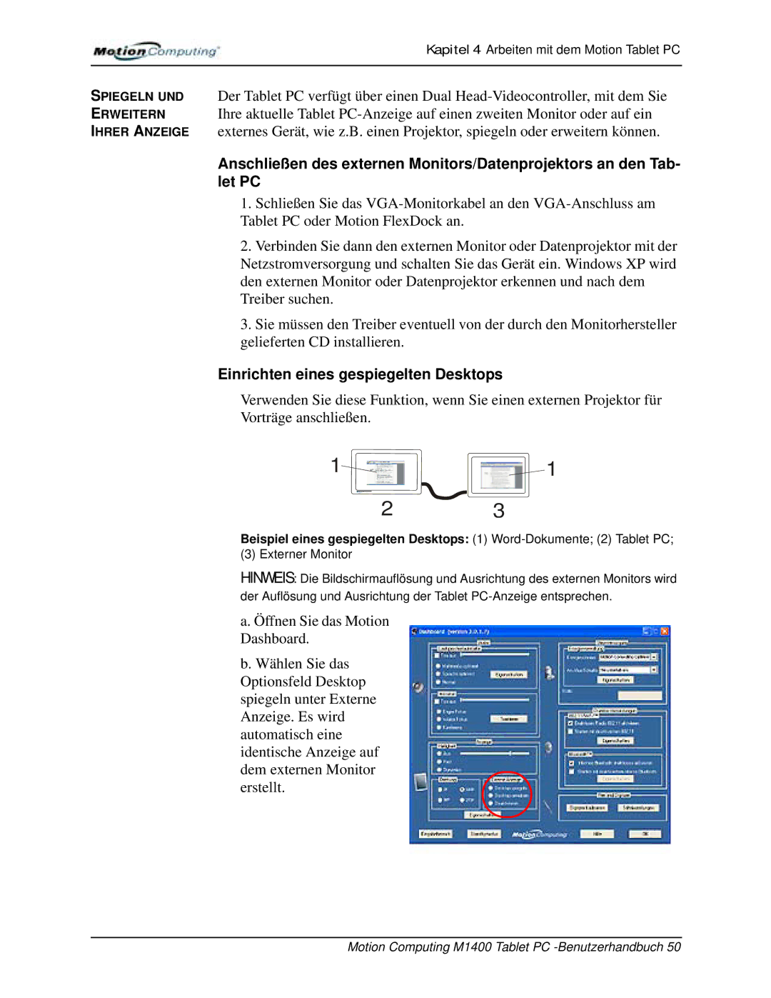 Motion Computing M1400 manual Einrichten eines gespiegelten Desktops 