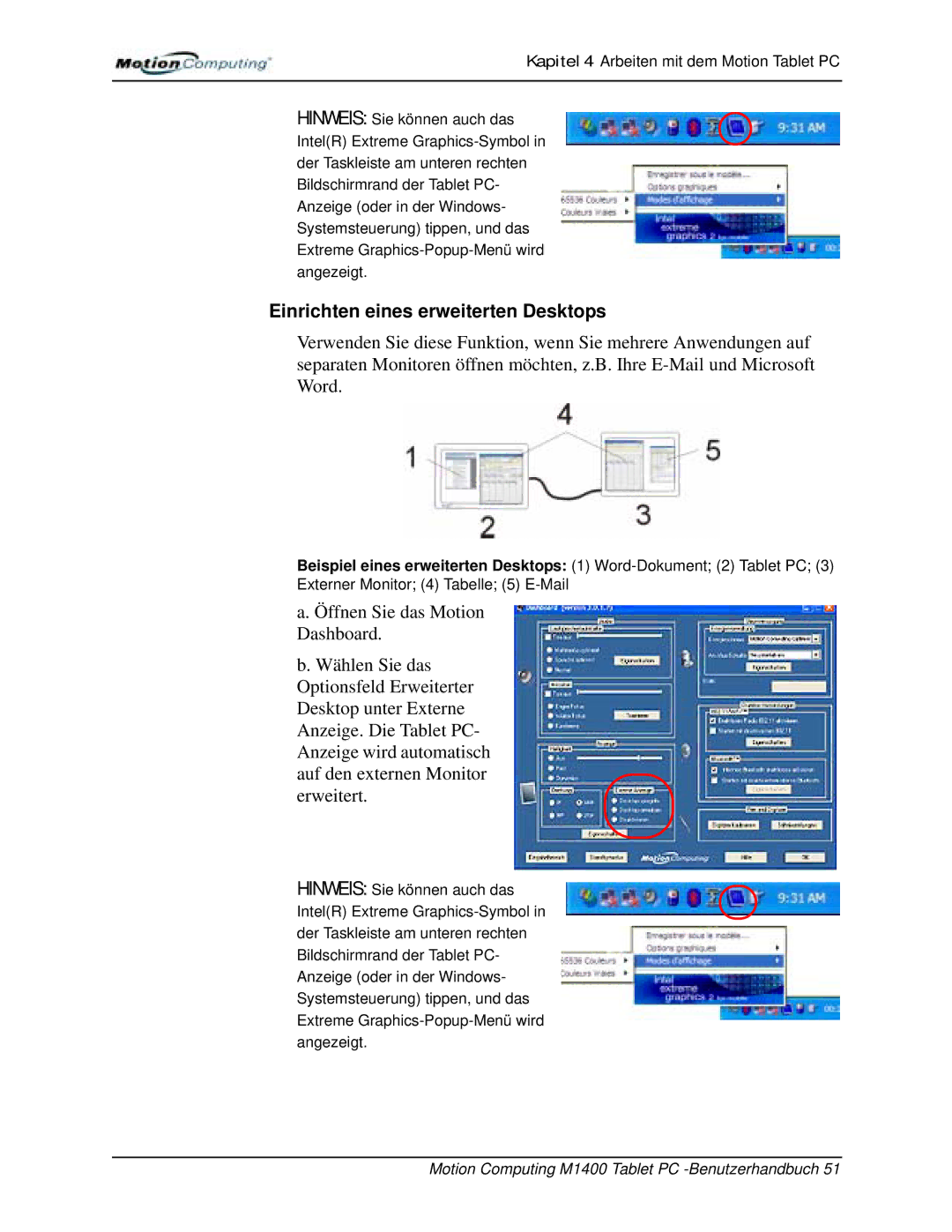 Motion Computing M1400 manual Einrichten eines erweiterten Desktops 