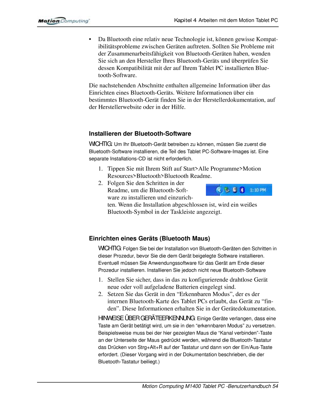 Motion Computing M1400 manual Installieren der Bluetooth-Software, Einrichten eines Geräts Bluetooth Maus 