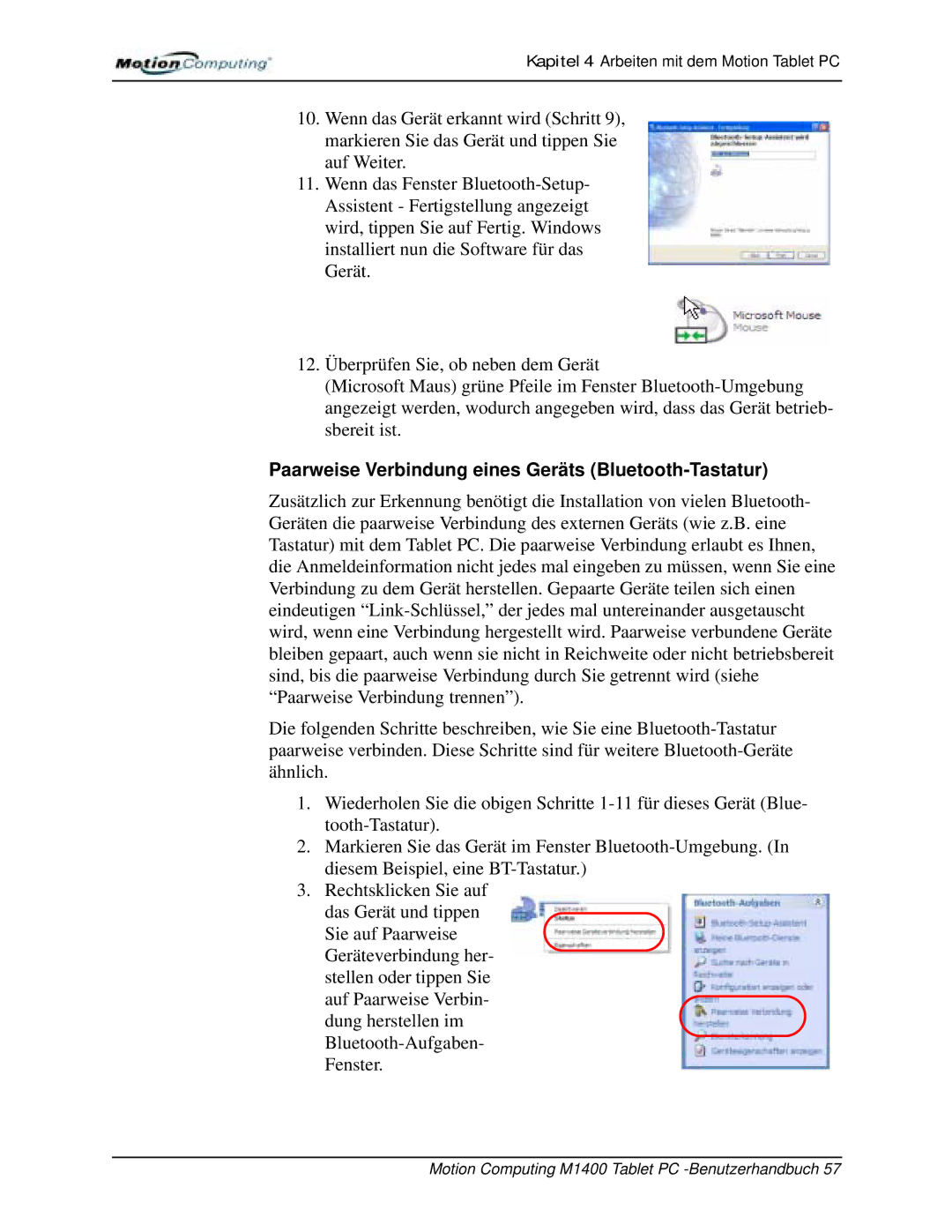 Motion Computing M1400 manual Paarweise Verbindung eines Geräts Bluetooth-Tastatur 