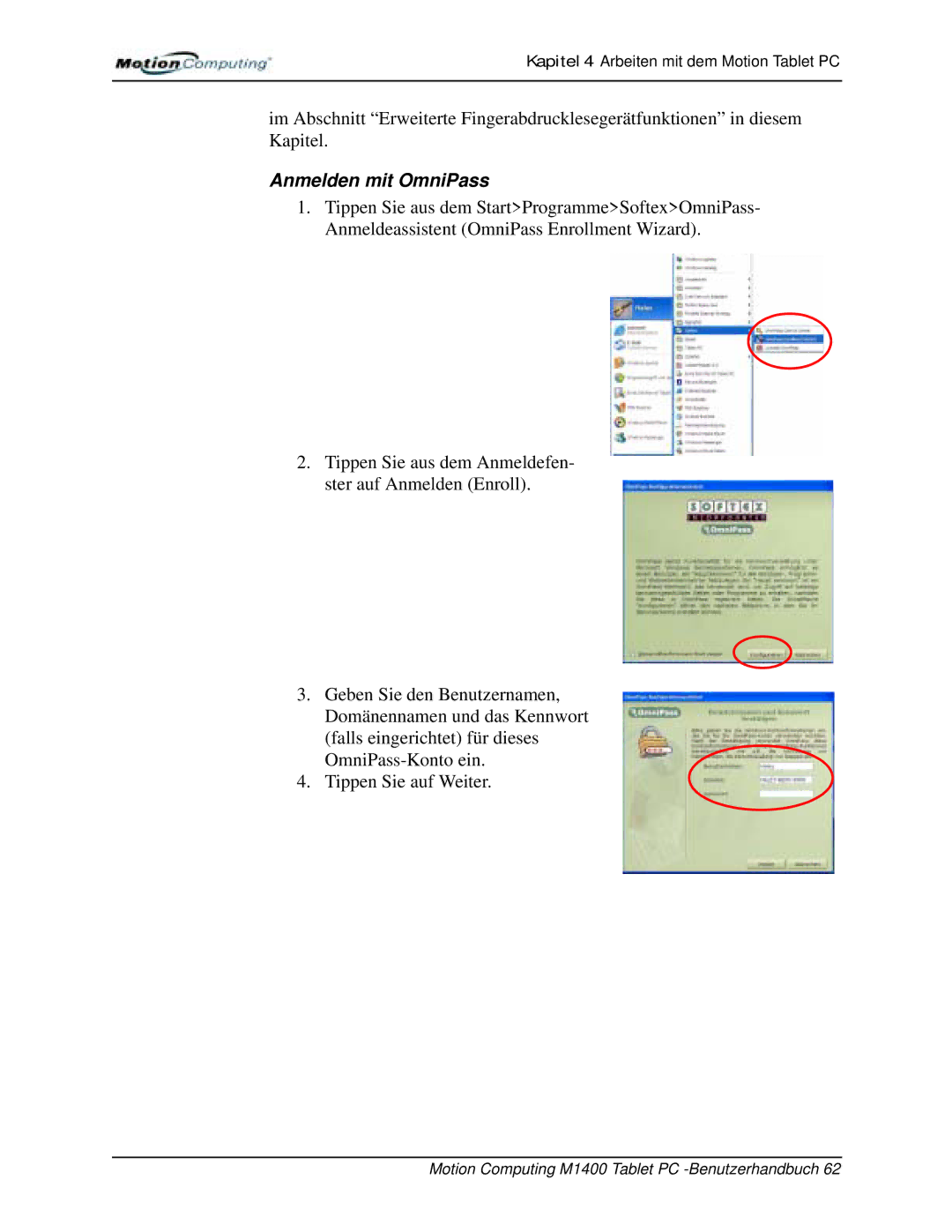 Motion Computing M1400 manual Anmelden mit OmniPass 