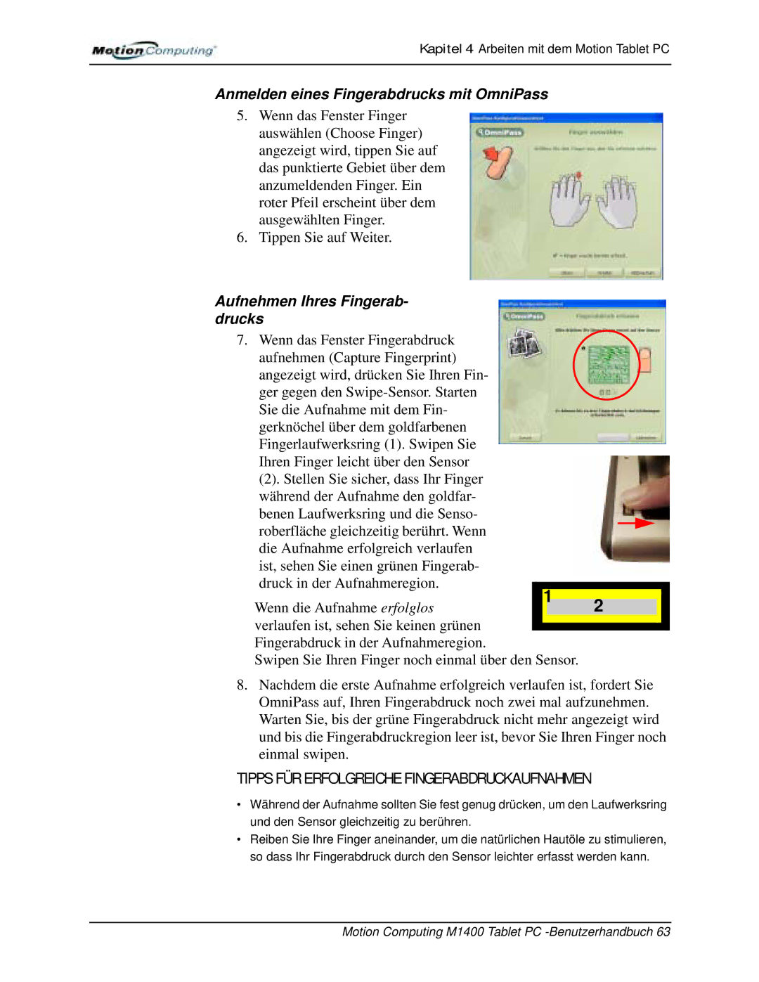 Motion Computing M1400 manual Anmelden eines Fingerabdrucks mit OmniPass 