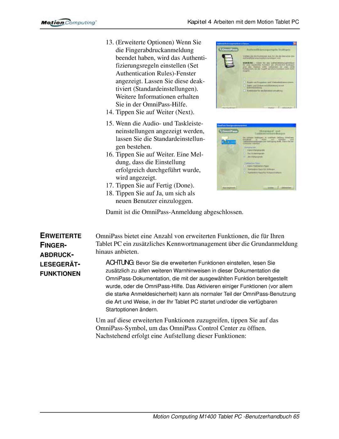 Motion Computing M1400 manual Erweiterte FINGER- ABDRUCK- LESEGERÄT- Funktionen 