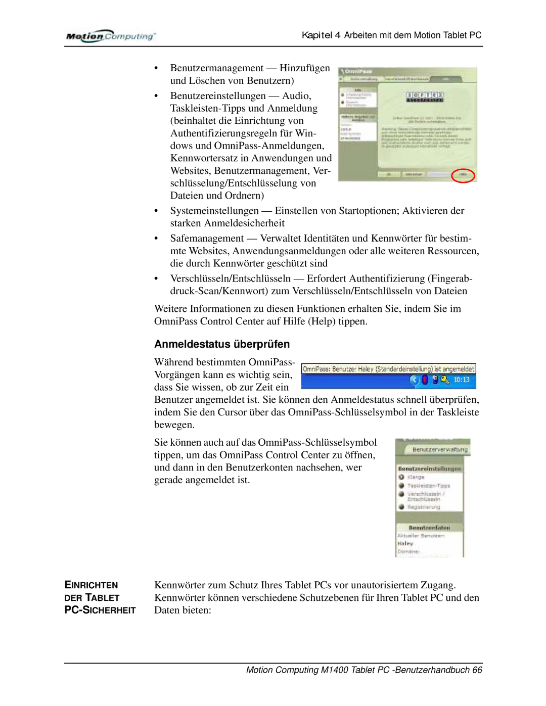 Motion Computing M1400 manual Anmeldestatus überprüfen, Daten bieten 