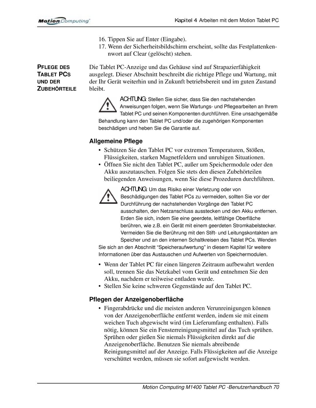 Motion Computing M1400 manual Allgemeine Pflege, Pflegen der Anzeigenoberfläche 