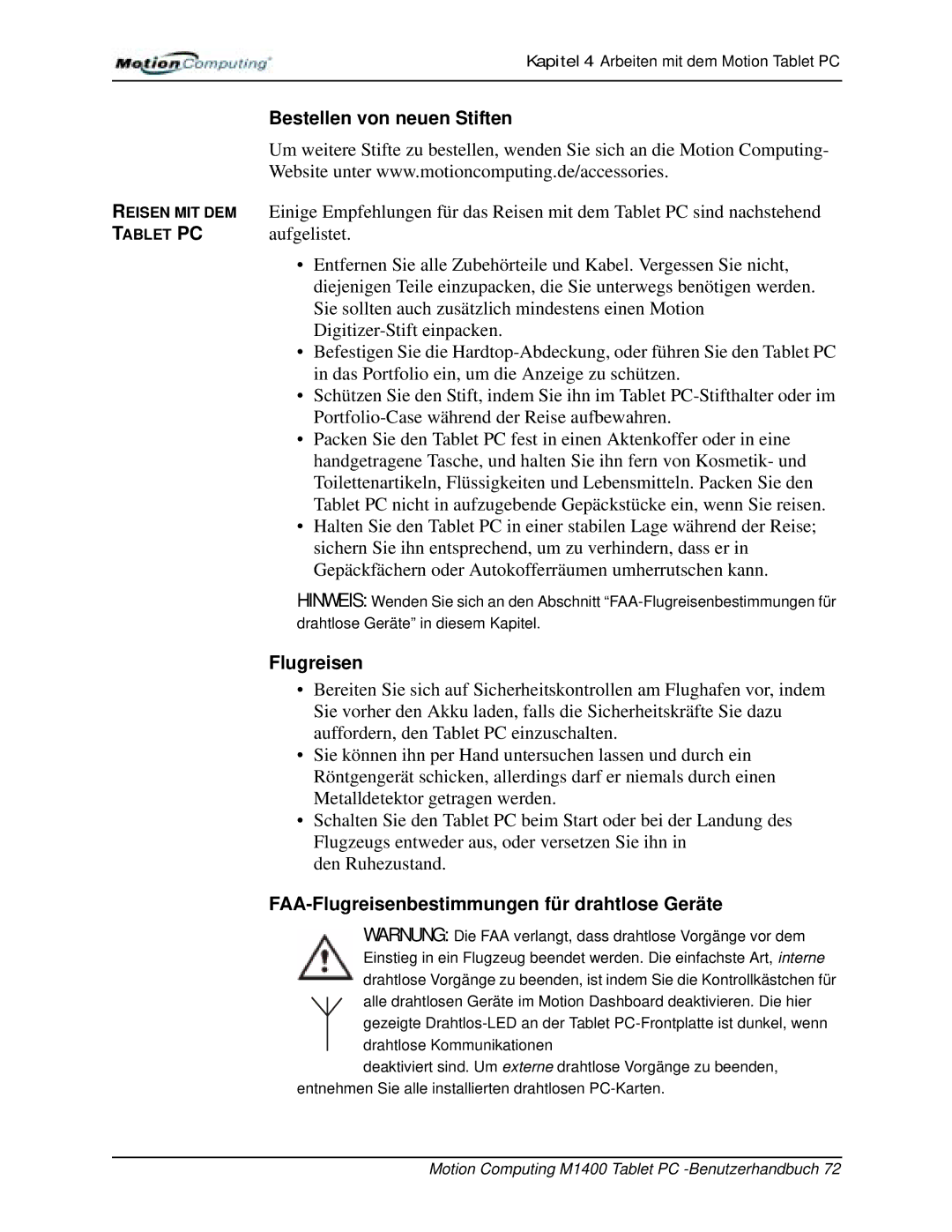 Motion Computing M1400 manual Bestellen von neuen Stiften, FAA-Flugreisenbestimmungen für drahtlose Geräte 