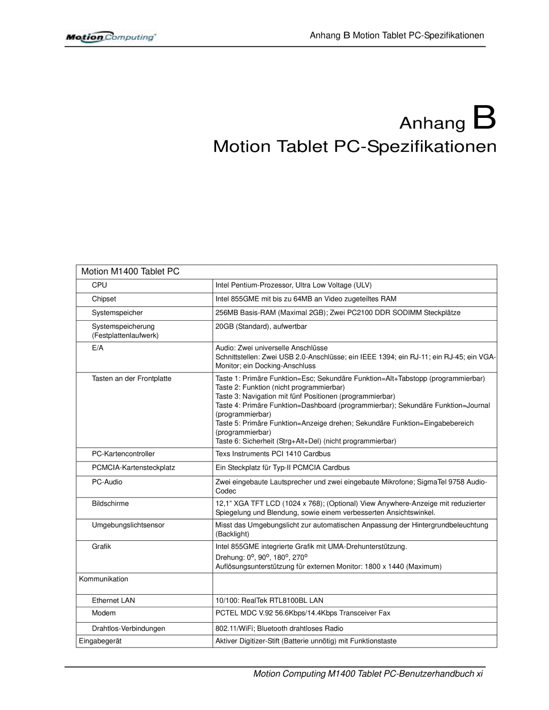 Motion Computing M1400 manual Anhang B Motion Tablet PC-Spezifikationen 