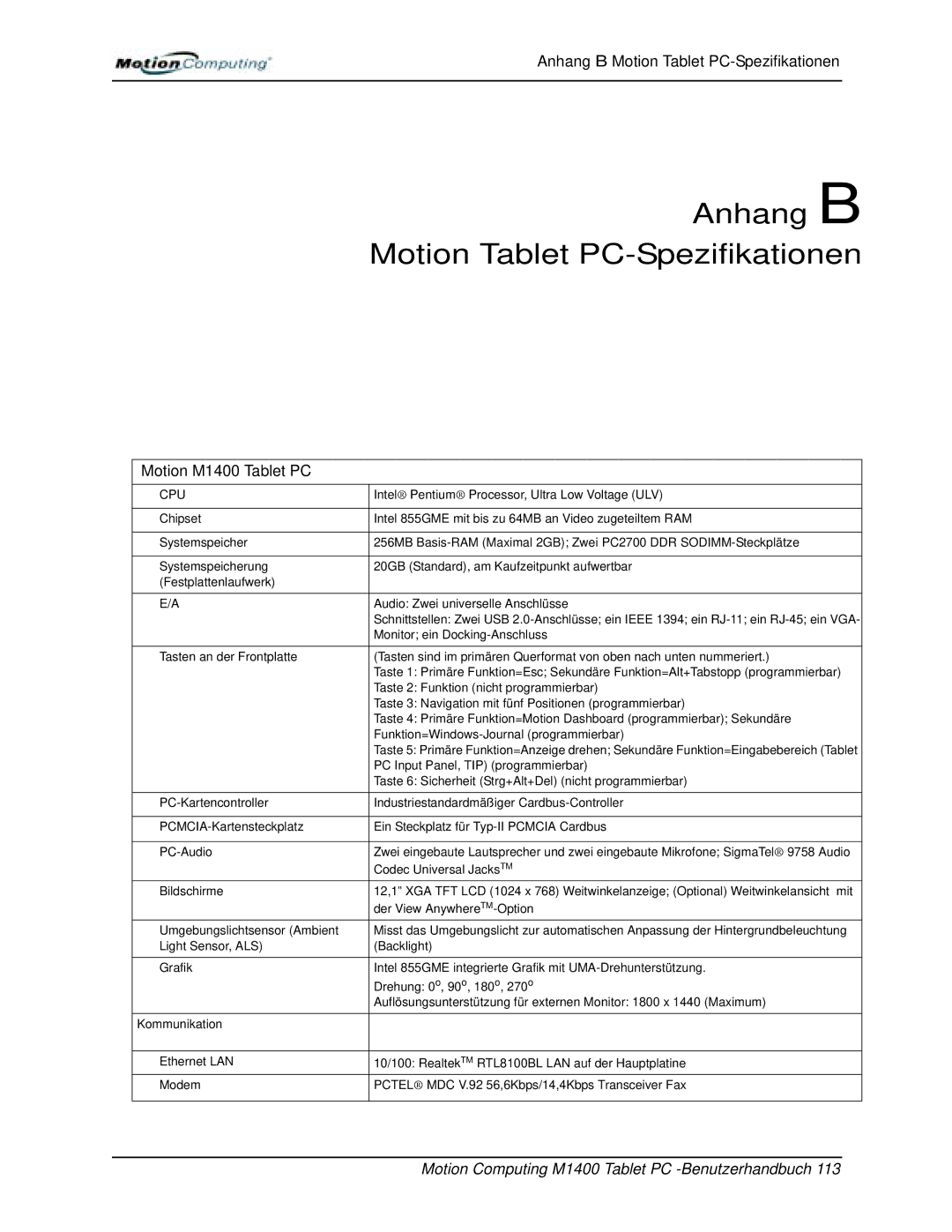 Motion Computing M1400 manual Anhang B Motion Tablet PC-Spezifikationen 