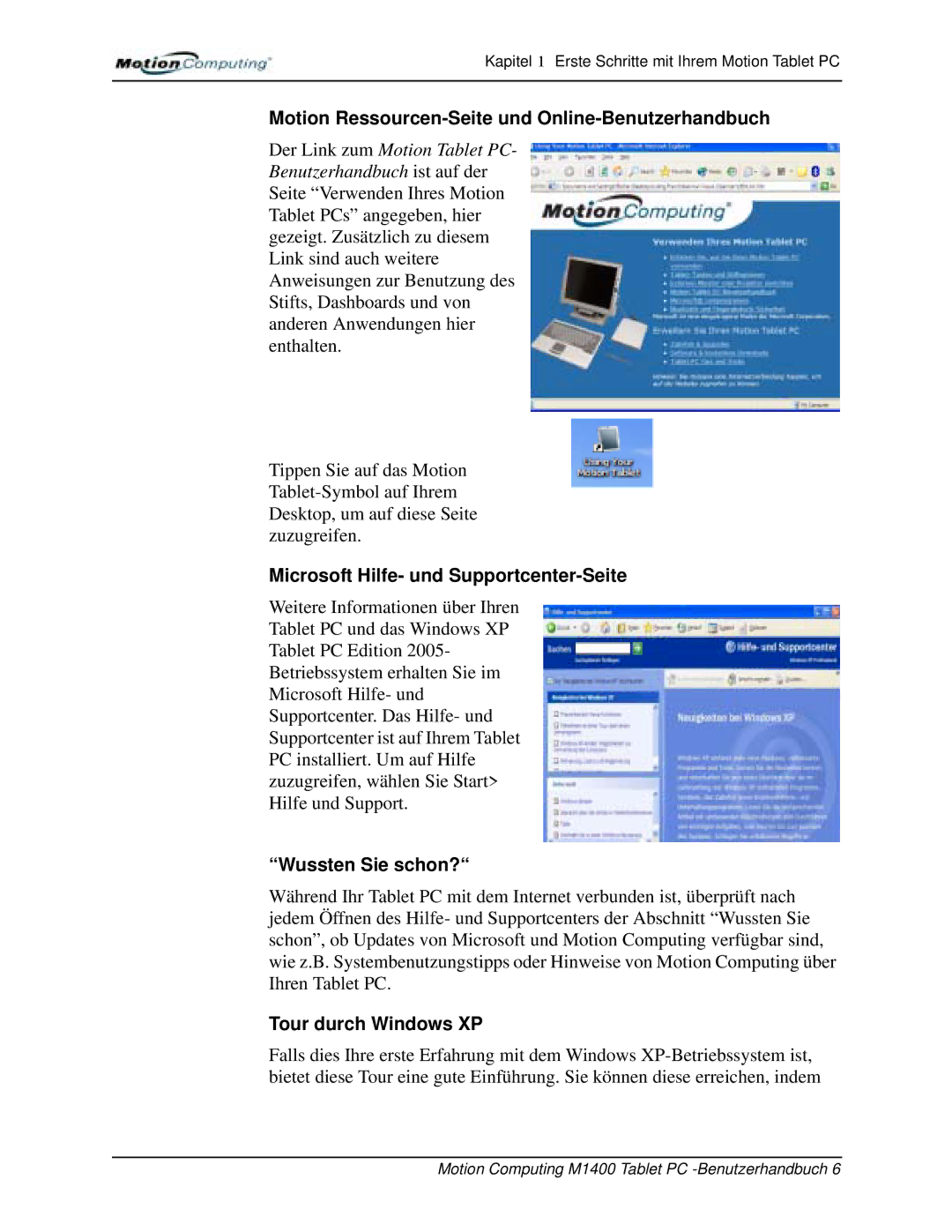 Motion Computing M1400 manual Motion Ressourcen-Seite und Online-Benutzerhandbuch, Microsoft Hilfe- und Supportcenter-Seite 