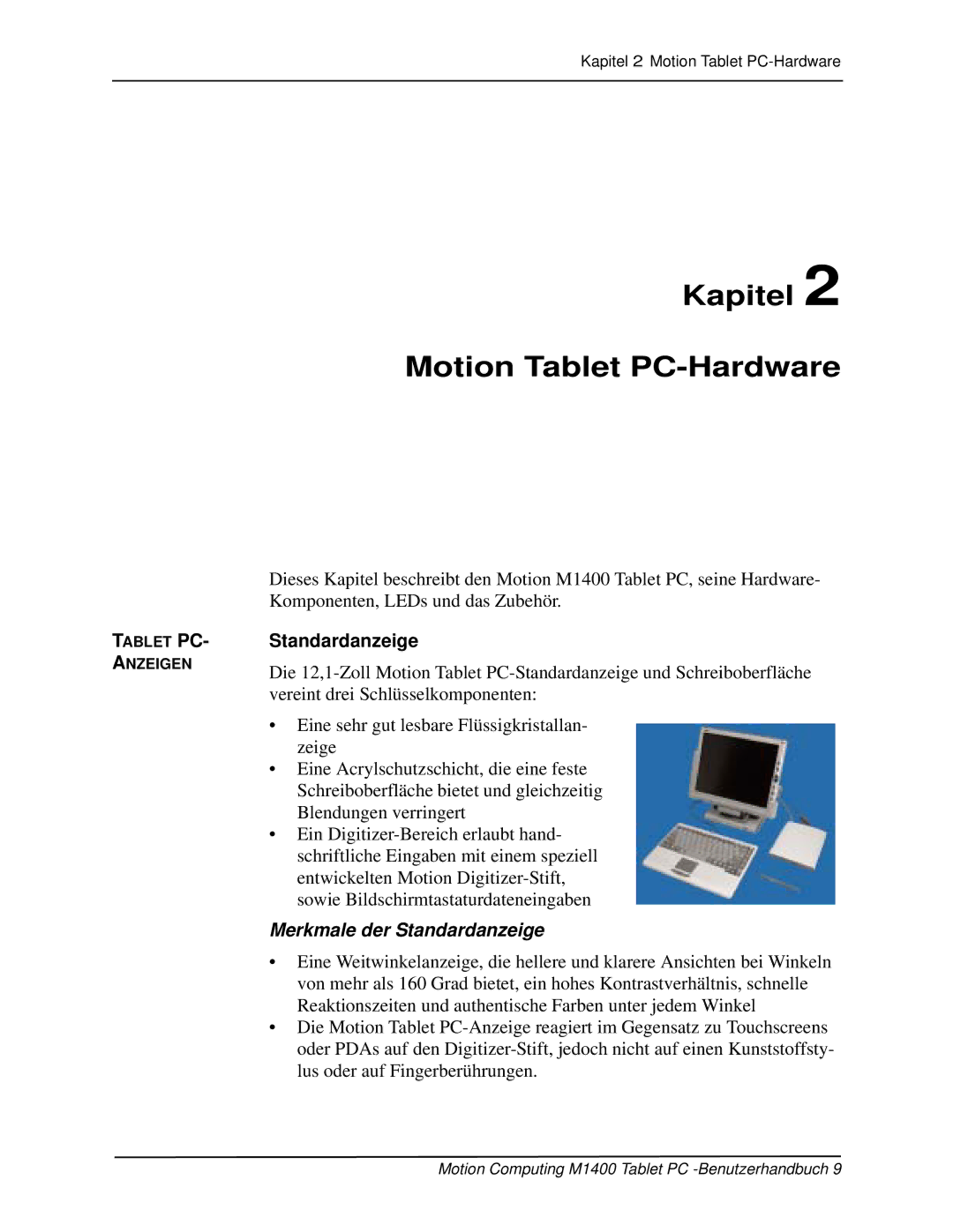 Motion Computing M1400 manual Kapitel Motion Tablet PC-Hardware, Standardanzeige 