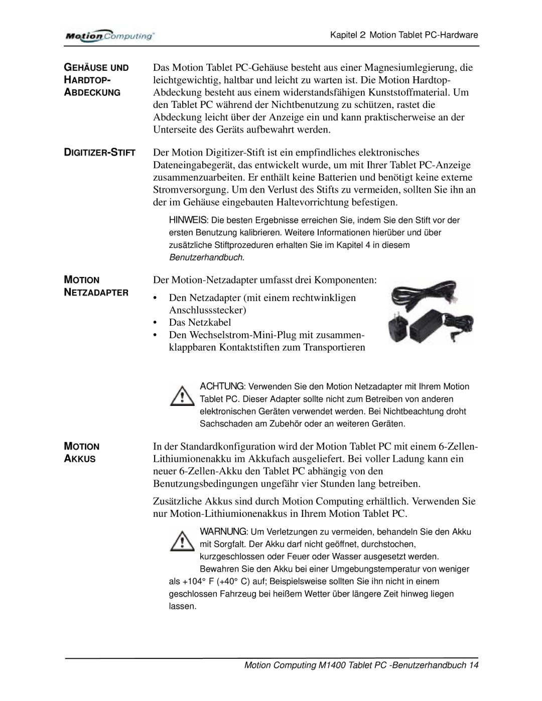 Motion Computing M1400 manual DIGITIZER-STIFT Motion Netzadapter Akkus 