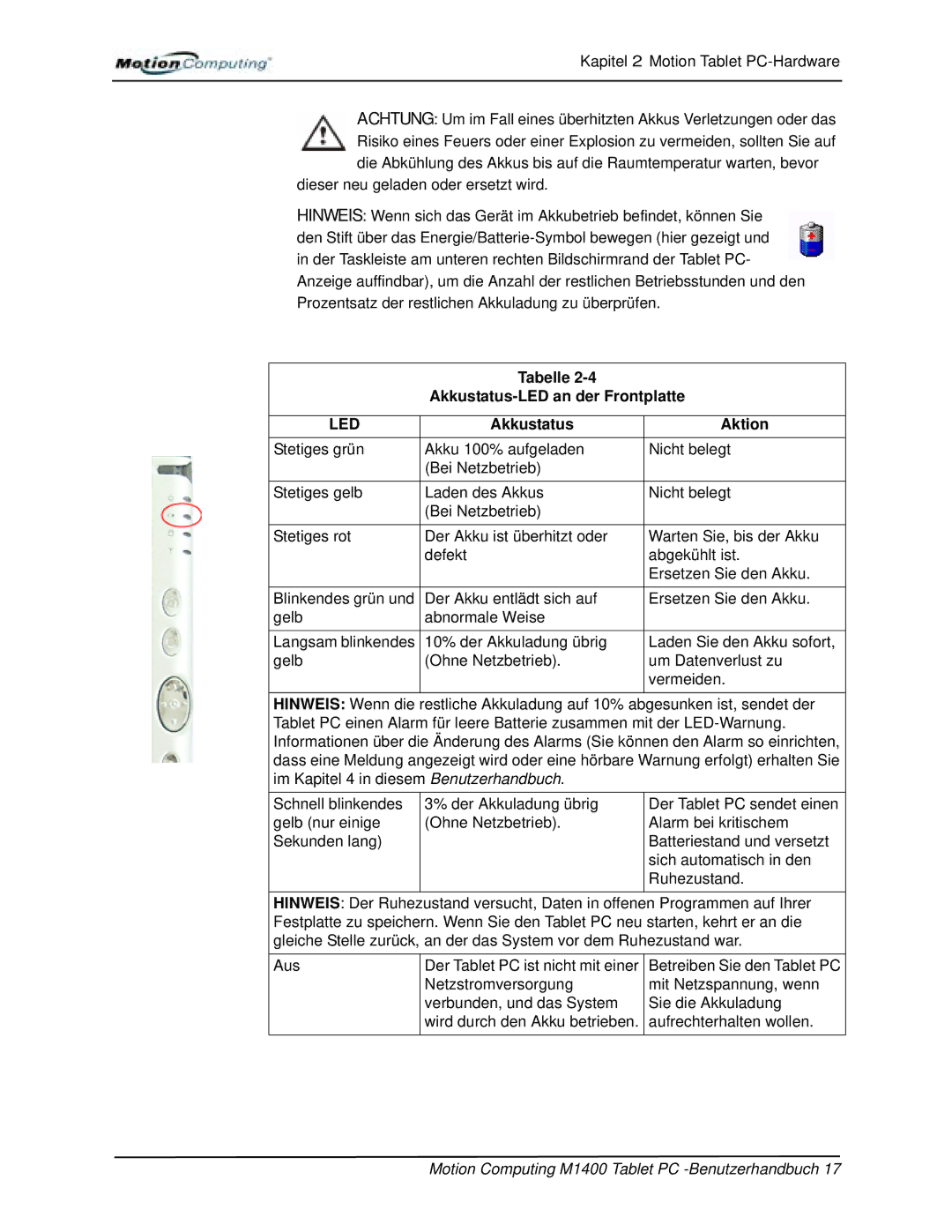 Motion Computing M1400 manual Tabelle Akkustatus-LED an der Frontplatte 