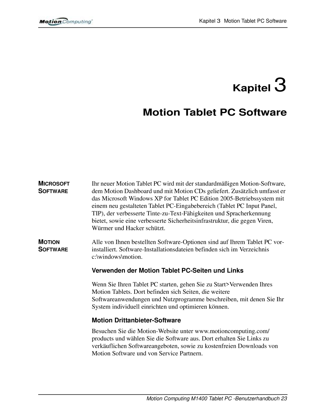 Motion Computing M1400 manual Verwenden der Motion Tablet PC-Seiten und Links, Motion Drittanbieter-Software 