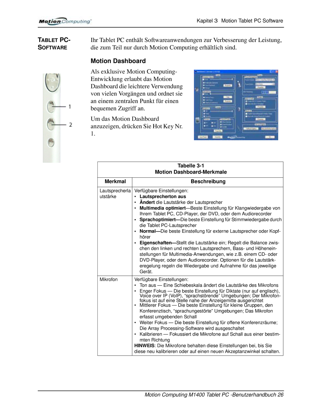 Motion Computing M1400 manual Motion Dashboard, Merkmal Beschreibung 