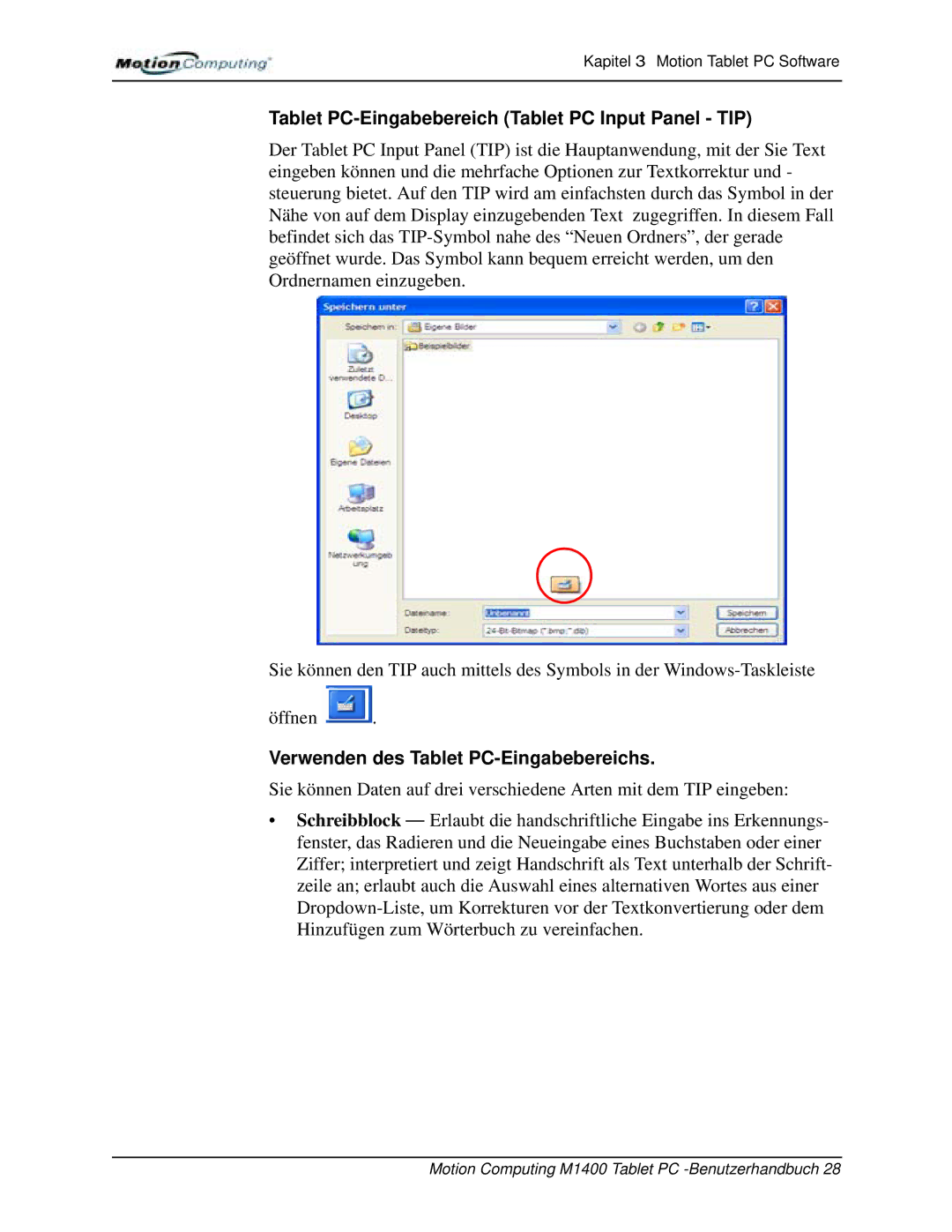 Motion Computing M1400 manual Tablet PC-Eingabebereich Tablet PC Input Panel TIP, Verwenden des Tablet PC-Eingabebereichs 