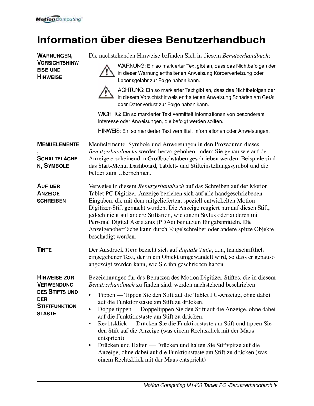 Motion Computing M1400 manual Information über dieses Benutzerhandbuch 