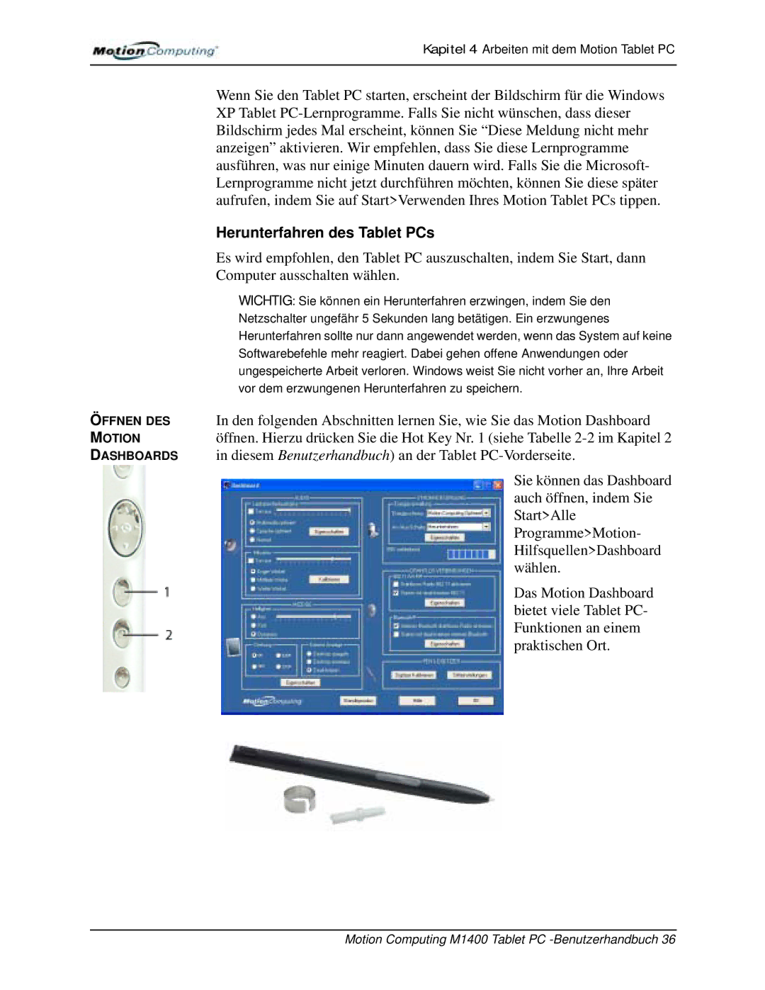 Motion Computing M1400 manual Herunterfahren des Tablet PCs 