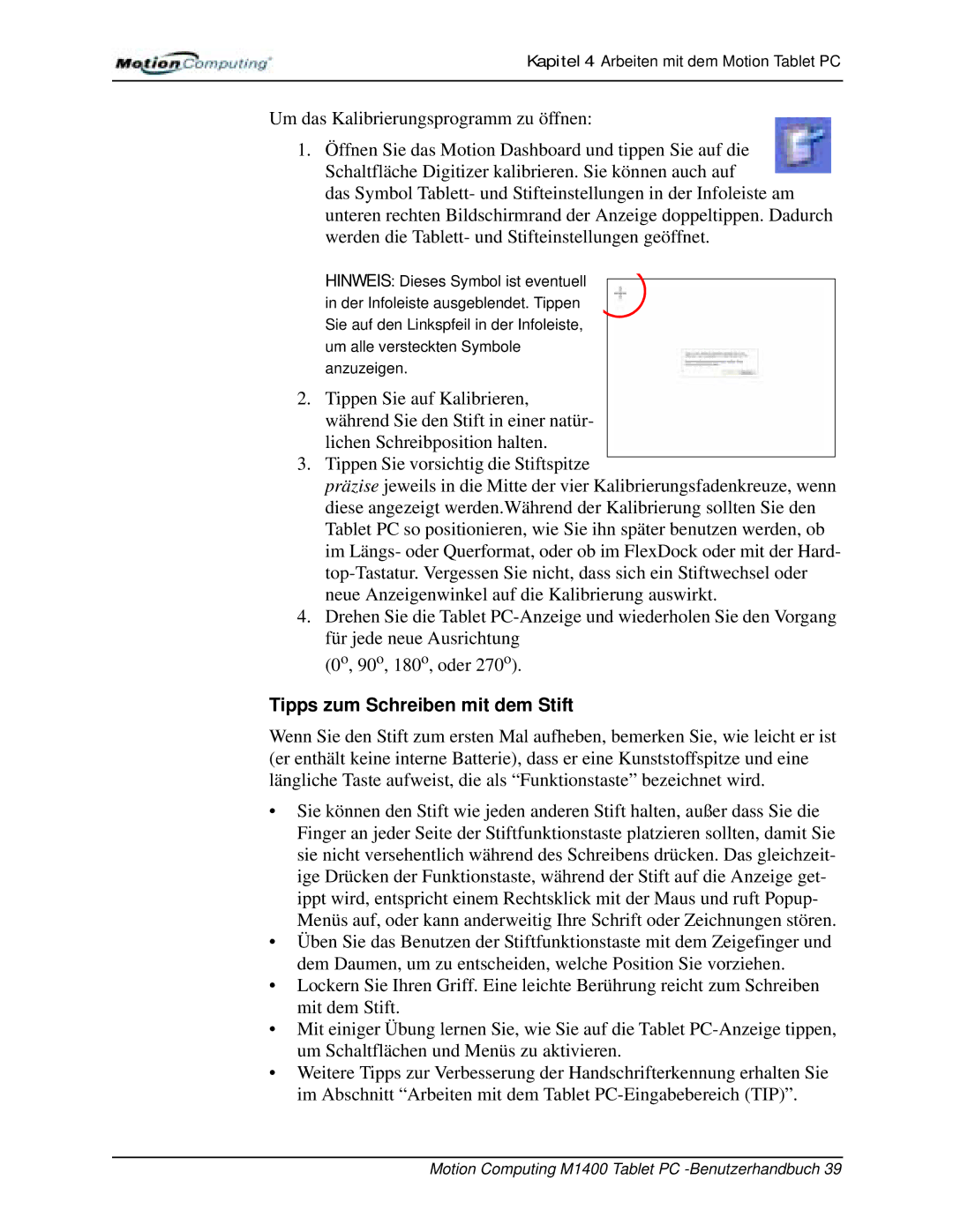 Motion Computing M1400 manual Tipps zum Schreiben mit dem Stift 