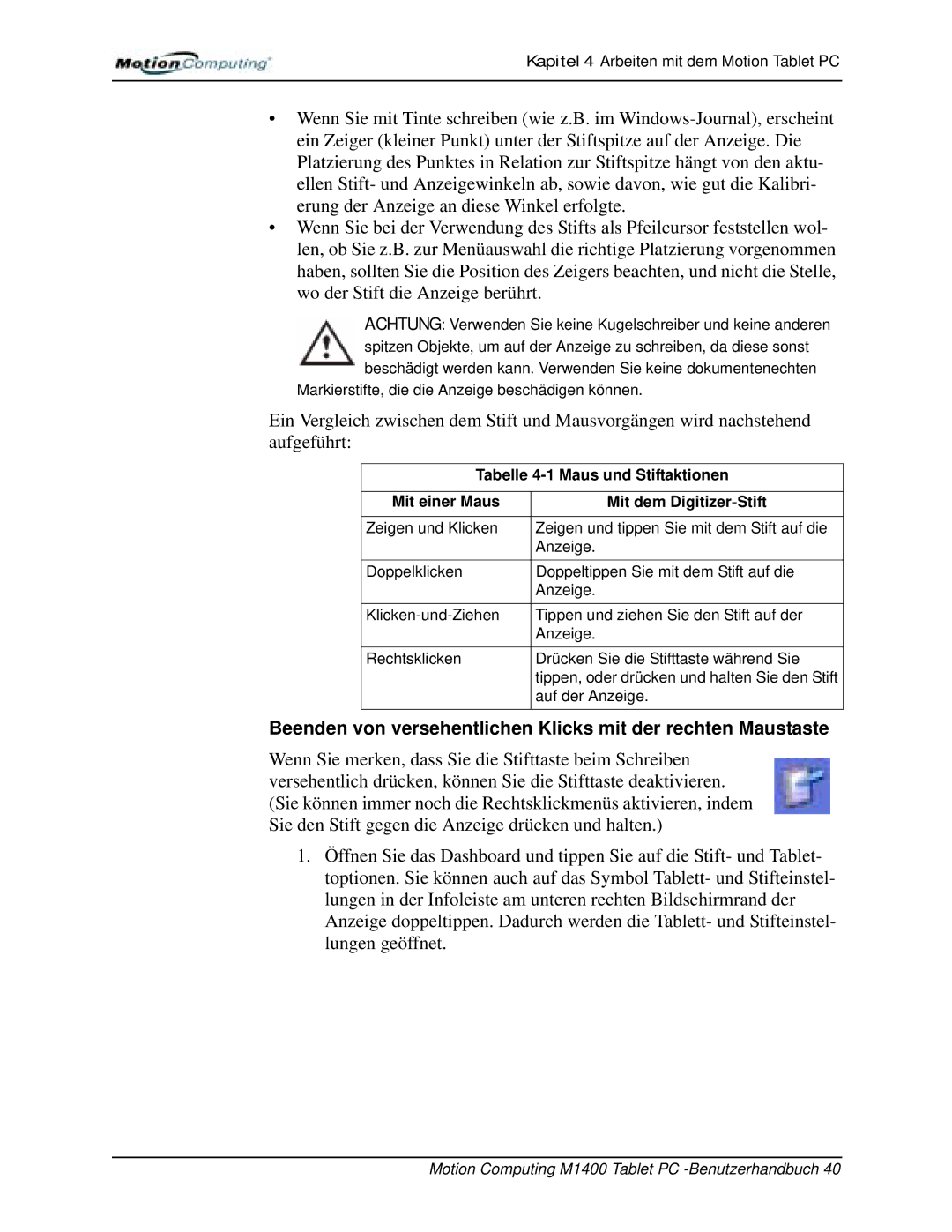 Motion Computing M1400 manual Markierstifte, die die Anzeige beschädigen können 