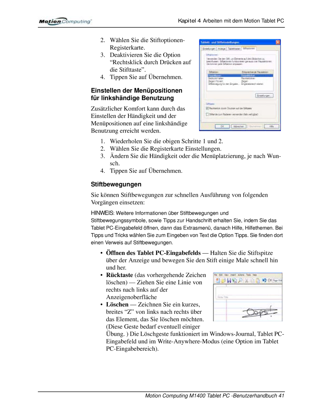 Motion Computing M1400 manual Einstellen der Menüpositionen für linkshändige Benutzung, Stiftbewegungen 