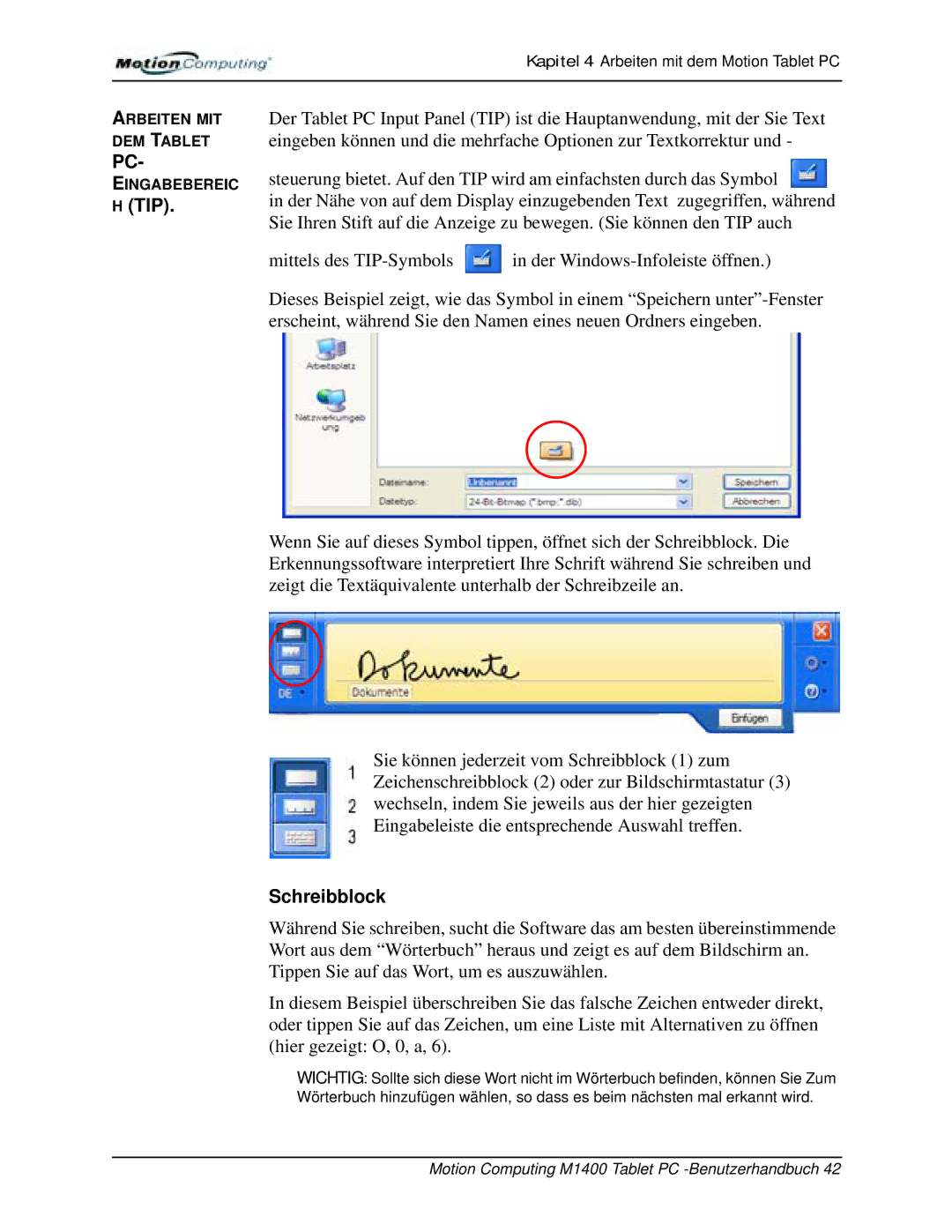 Motion Computing M1400 manual Tip, Schreibblock 