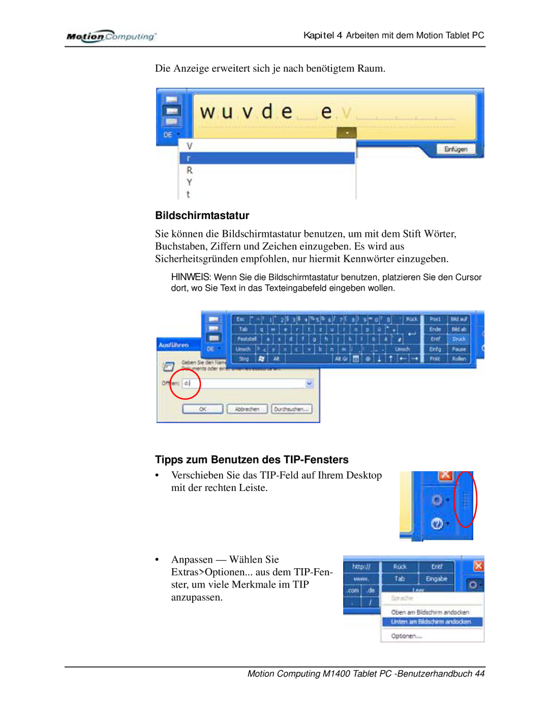 Motion Computing M1400 manual Bildschirmtastatur, Tipps zum Benutzen des TIP-Fensters 