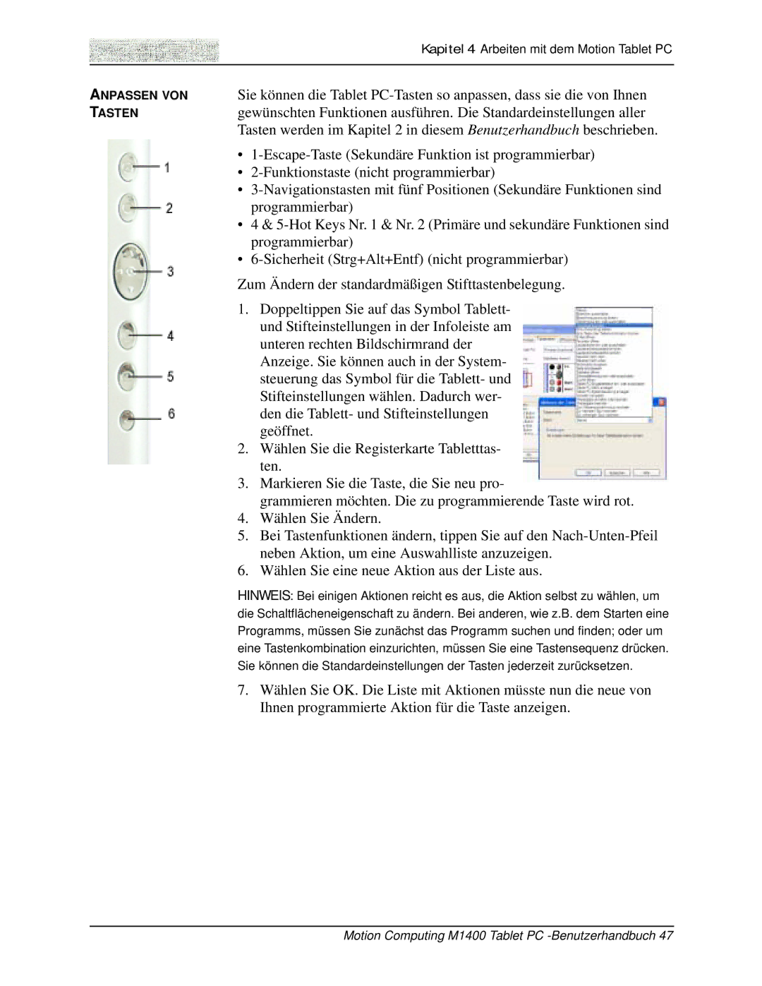 Motion Computing M1400 manual Escape-Taste Sekundäre Funktion ist programmierbar 